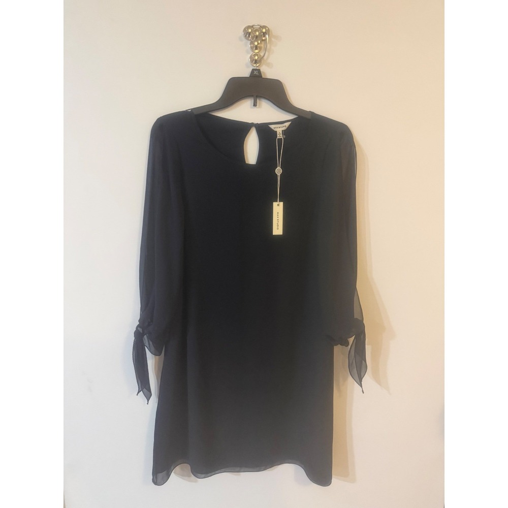 Max Studio Navy Blue Chiffon Shift Dress Sheer Tie Sleeve NWT Size S